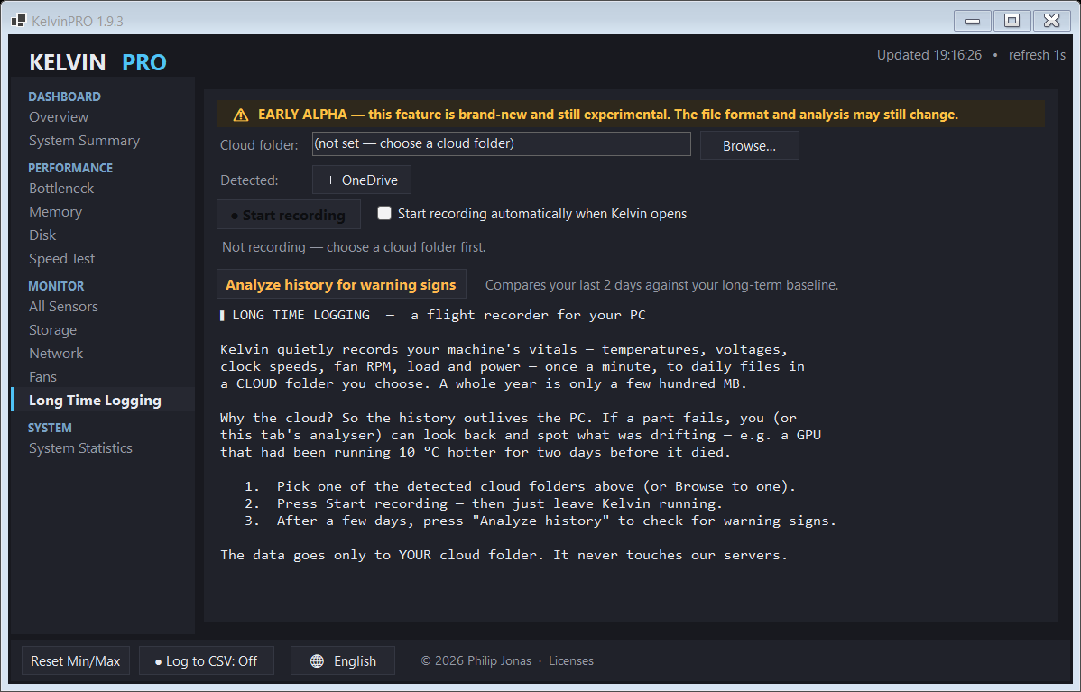 Kelvin PRO Long Time Logging tab: record telemetry to your own cloud folder