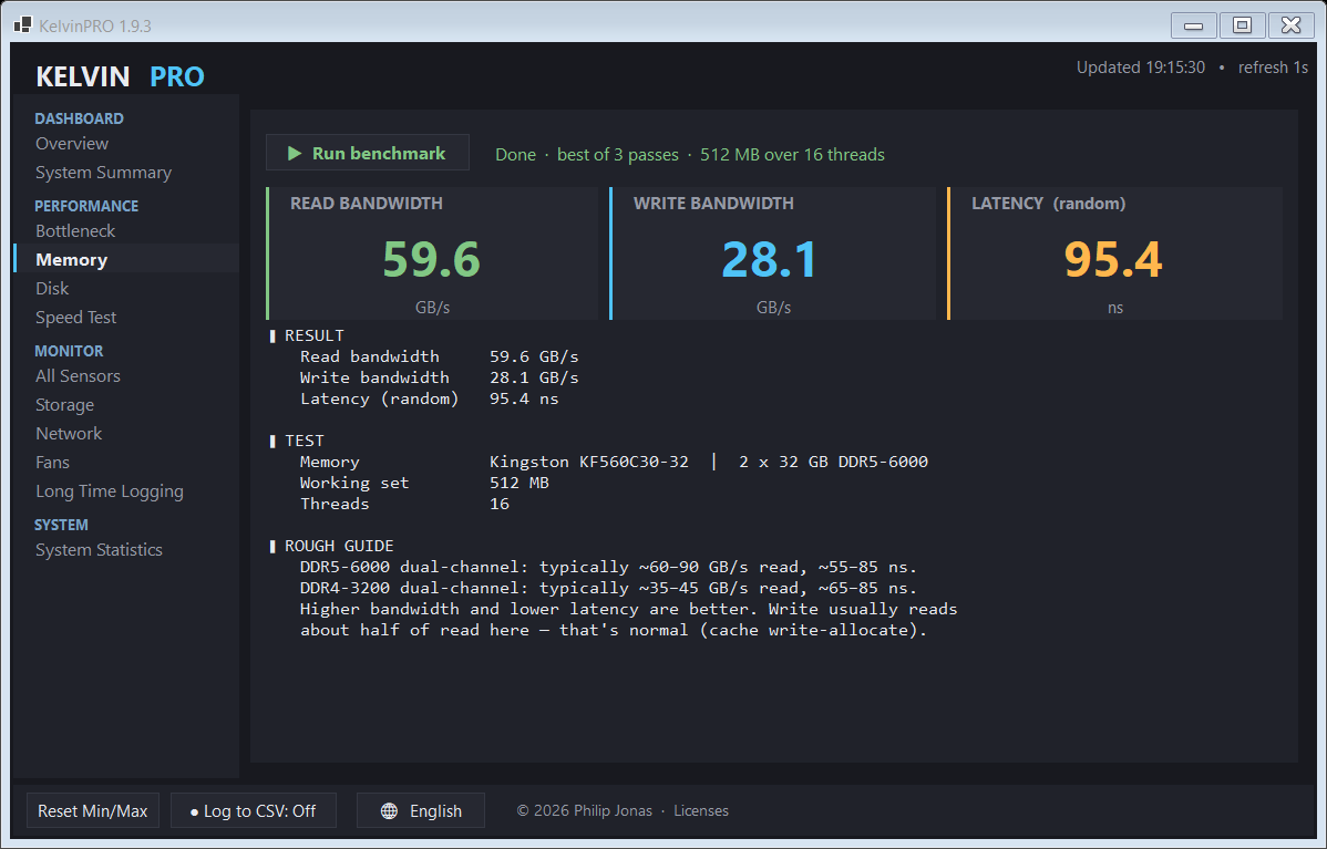 Kelvin PRO memory benchmark results