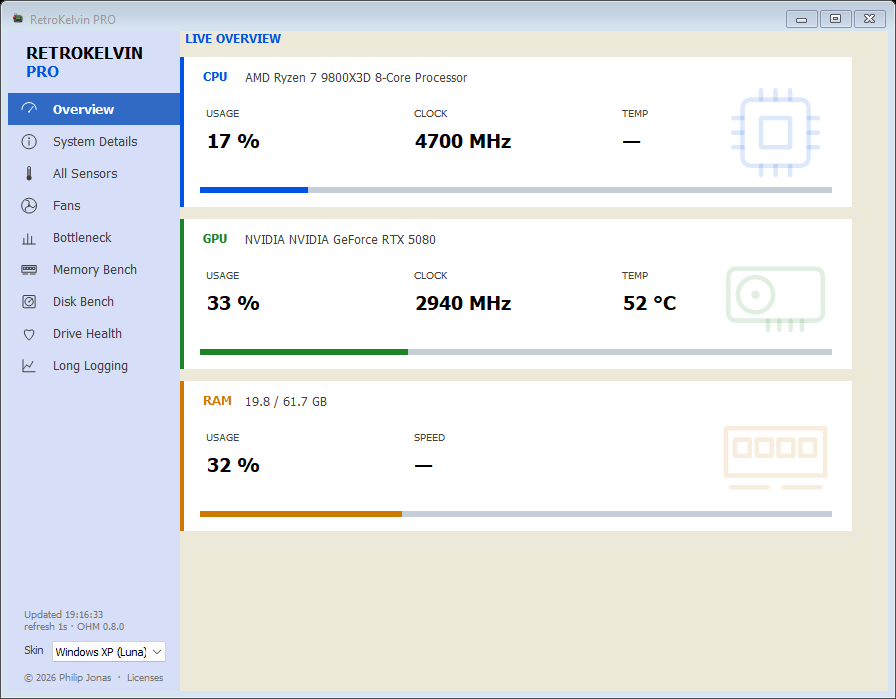 RetroKelvin PRO live overview of CPU, GPU and RAM in the Windows XP skin
