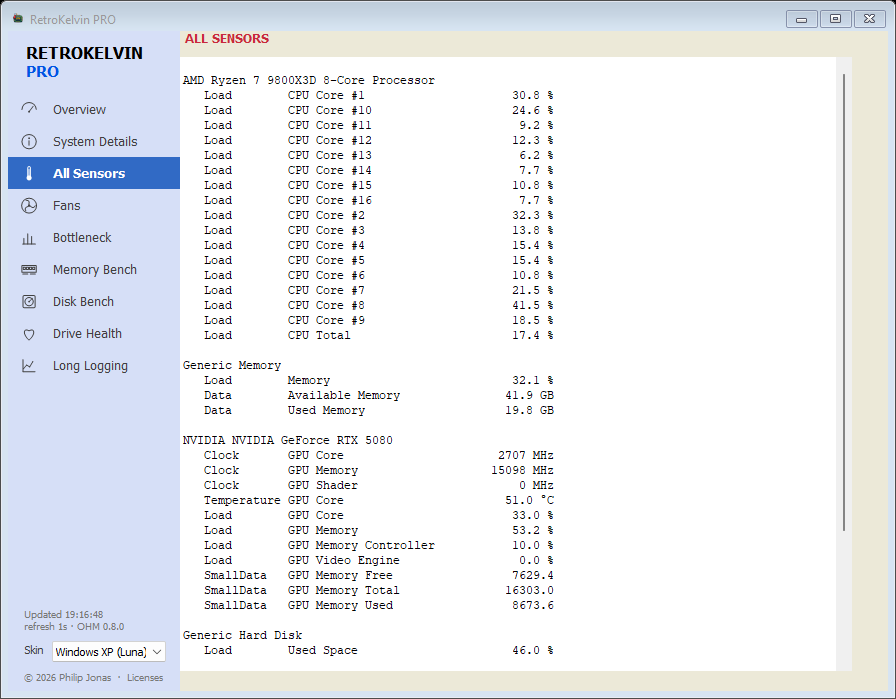 RetroKelvin PRO All Sensors view with live temperatures, voltages and fan RPM